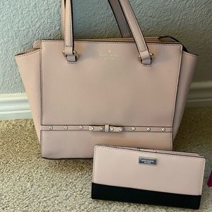 Good condition Kate Spade light pink bag and matching wallet. Rhinestone.